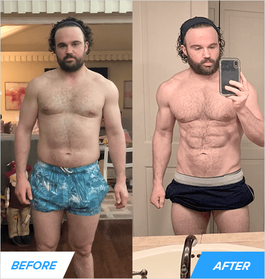 In 12 months, Casey completely transformed his physique. After a bulk and a cut, Casey cut his body fat down to 9%, slashed 4 inches off his waist, and cumulatively added almost 100 lbs to his main lifts. Casey C. (44 years old)
