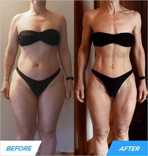 In 9 months, Olivia cut a total of 38 lb and 5.5 inches from her waist and gained 115 lb cumulatively on her squat, bench press, and deadlift. Olivia M. (57 years old)